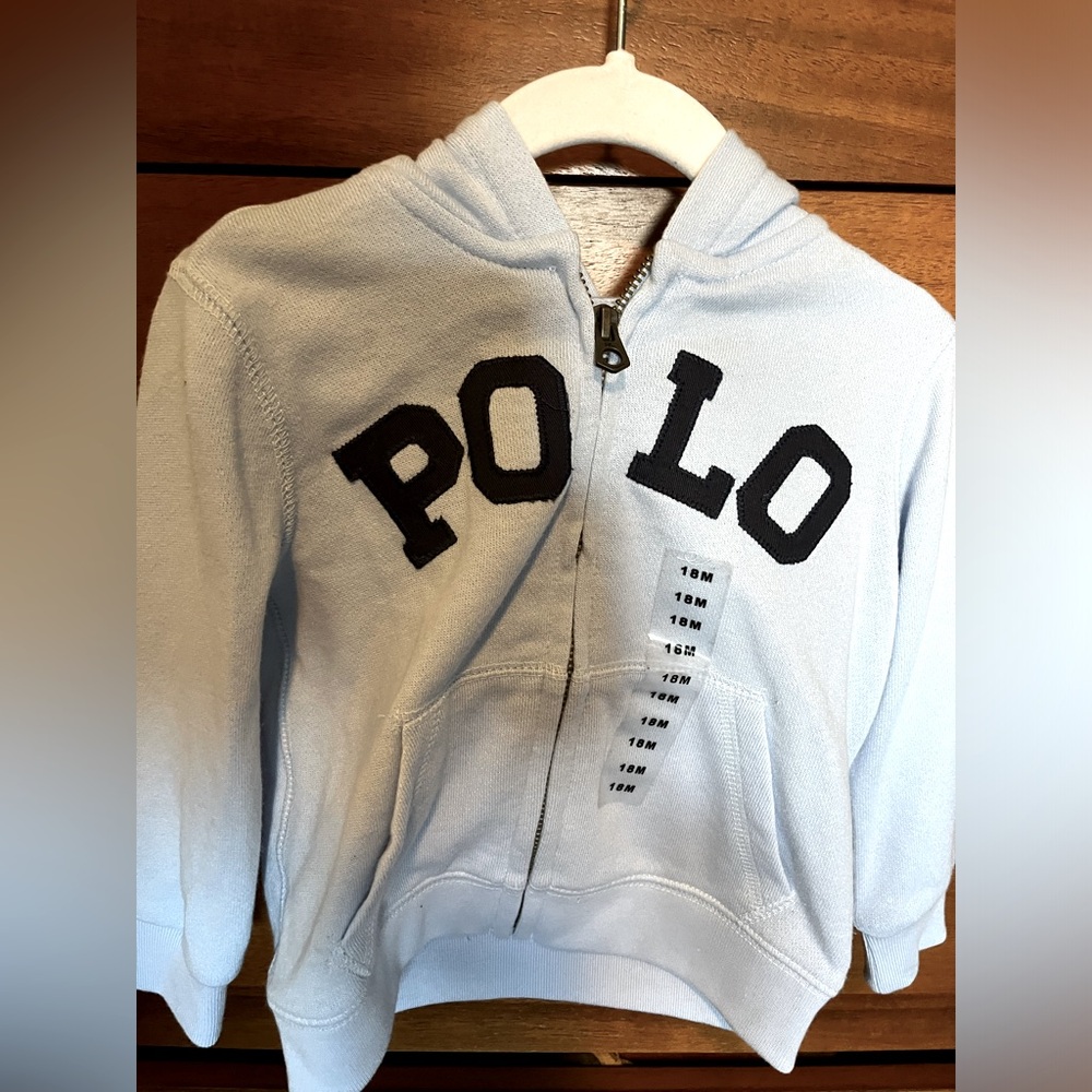 BRAND NEW Polo baby blue zip up hoodie. 18M